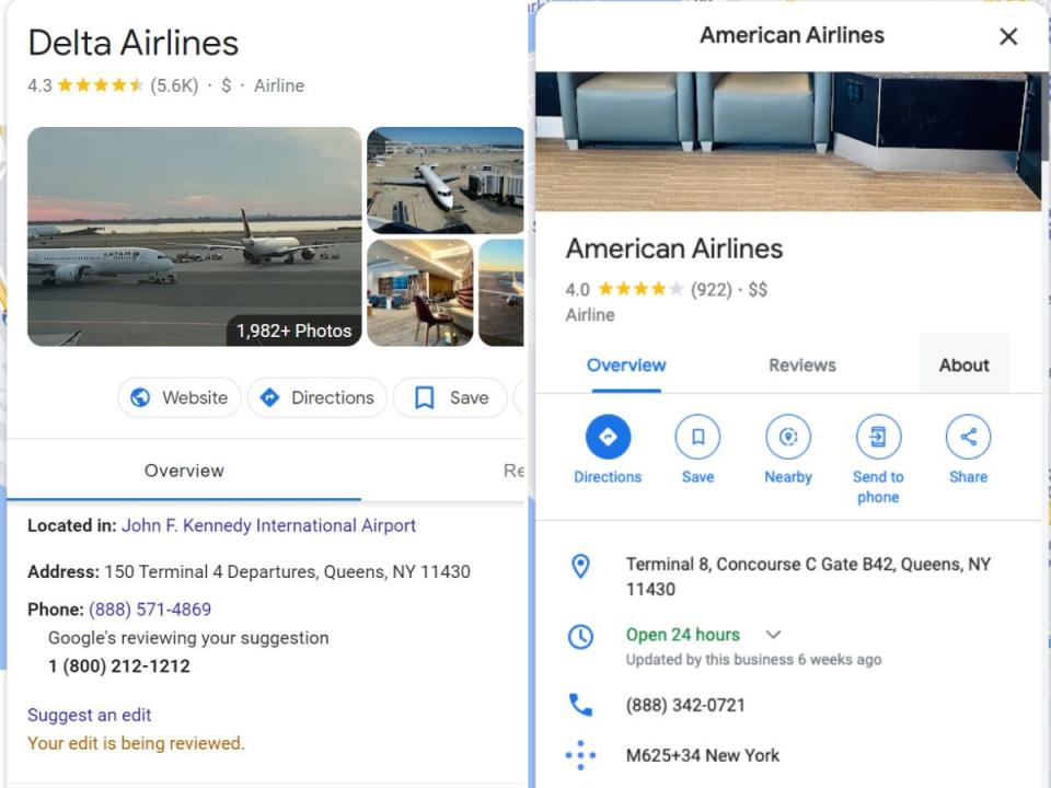 A composite of screenshots from the Google pages for Delta Air Lines and American Airlines at John F. Kennedy International Airport where suggested edits have been submitted to change the listed phone numbers for both airlines.