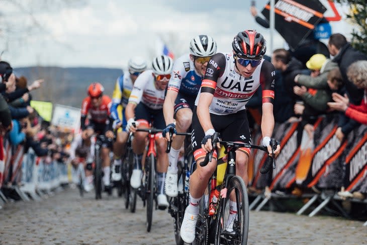 <span class="article__caption">Pogacar putting the hurt on the bunch during the 2022 Tour of Flanders.</span> (Photo: Chris Auld/VeloNews)
