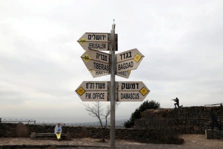 A woman sits near a sign at Mount Bental, an observation post in the Israeli-occupied Golan Heights that overlooks the Syrian side of the Quneitra crossing, Israel February 10, 2018. REUTERS/ Ammar Awad