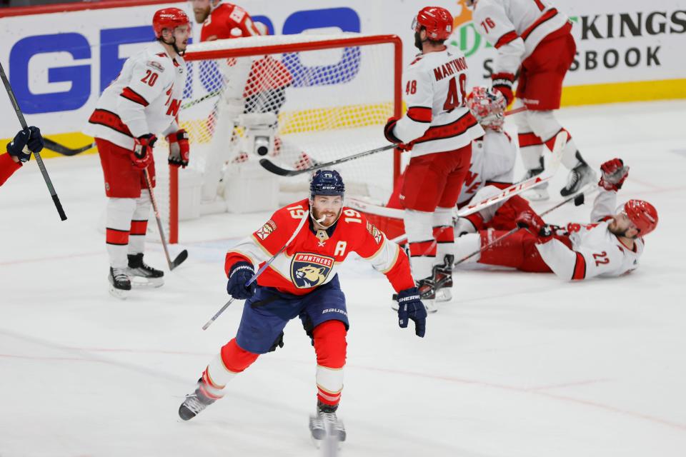 May 24, 2023; Sunrise, Florida, USA; Florida Panthers left wing Matthew Tkachuk (19) celebrates after scoring the game-winning goal against the Carolina Hurricanes during the third period in game four of the Eastern Conference Finals of the 2023 Stanley Cup Playoffs at FLA Live Arena. Mandatory Credit: Sam Navarro-USA TODAY Sports