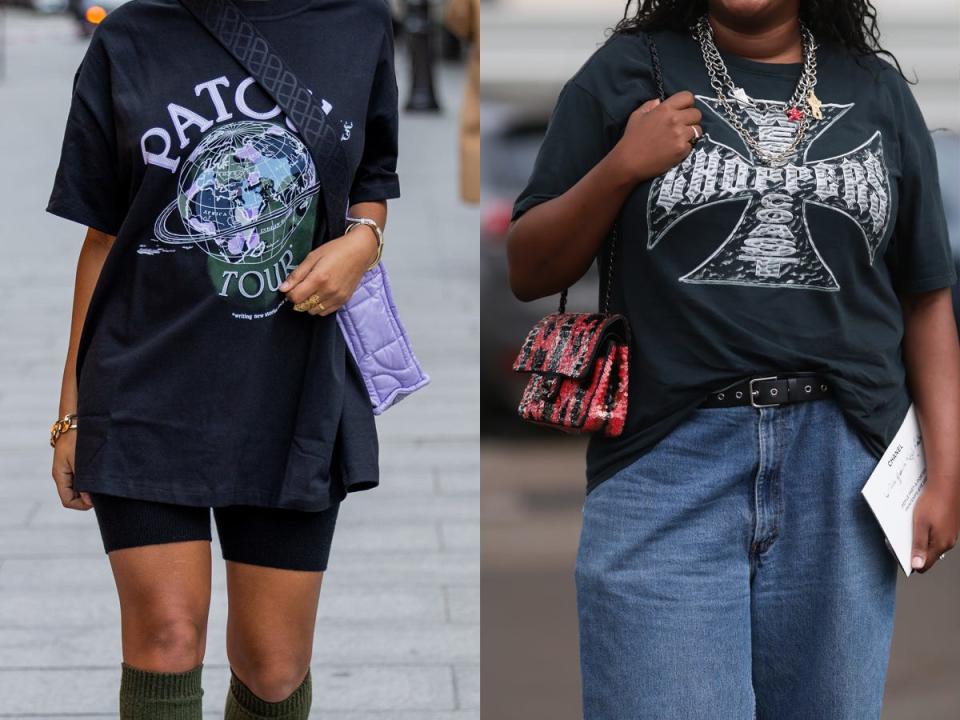 Black graphic tees being styled with denim and biker shorts.