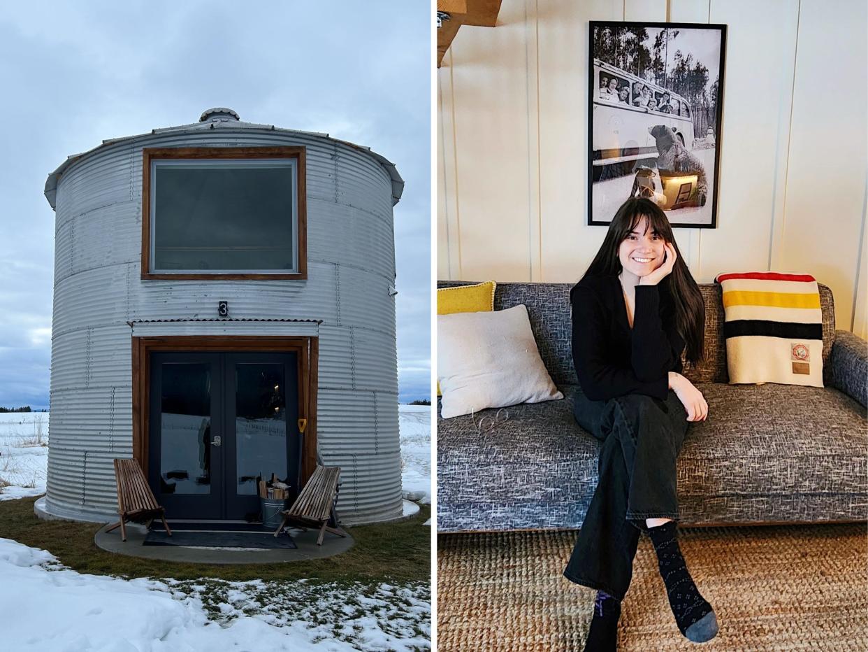 A side-by-side photo of a grain silo turned Airbnb (left) and the author sitting inside the silo's living room (right).