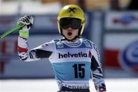 Anna Fenninger of Austria reacts after competing in the women's Super G competition during the FIS Alpine Skiing World Cup finals in the Swiss ski resort of Lenzerheide March 13, 2014. REUTERS/Leonhard Foeger