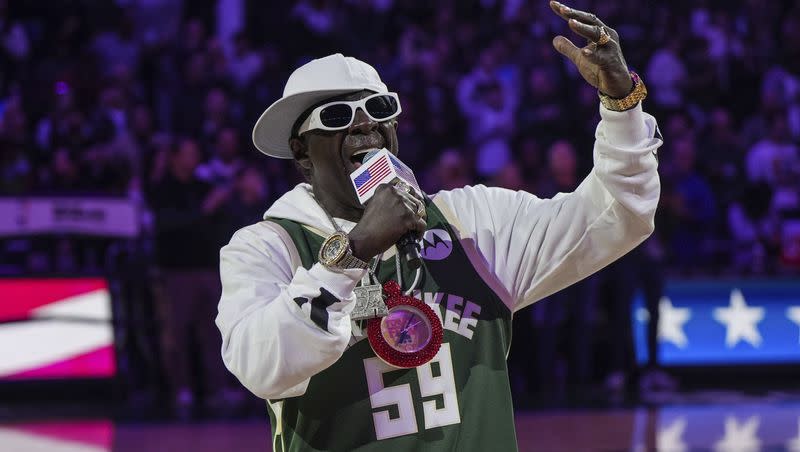 American rapper Flavor Flav performs the national anthem before the Milwaukee Bucks-Atlanta Hawks NBA basketball game on Sunday, Oct. 29, 2023, in Milwaukee.