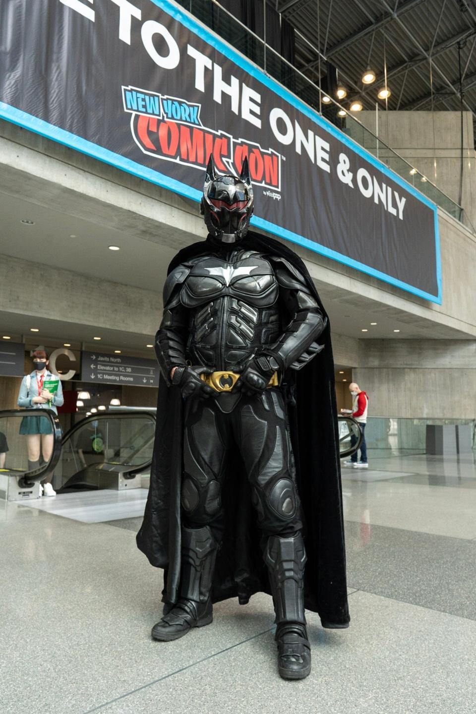 A cosplayer dressed as Batman at New York Comic Con 2021.