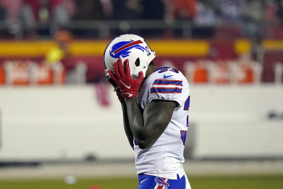 Buffalo Bills cornerback Siran Neal walks off the field after the AFC championship NFL football game against the Kansas City Chiefs, Sunday, Jan. 24, 2021, in Kansas City, Mo. The Chiefs won 38-24. (AP Photo/Jeff Roberson)