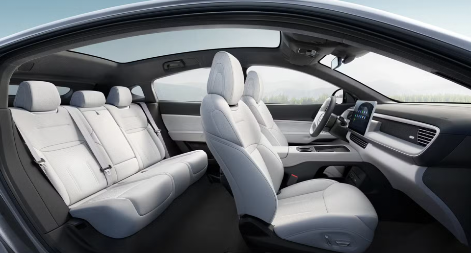 The interior of a 2025 Xpeng G6 electric SUV that's due to land in Australia in months. 