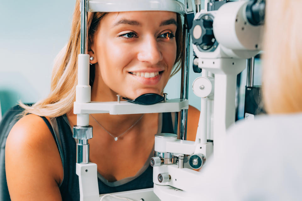 Eye Exam. Applanation tonometry and eye pressure test in Ophthalmology