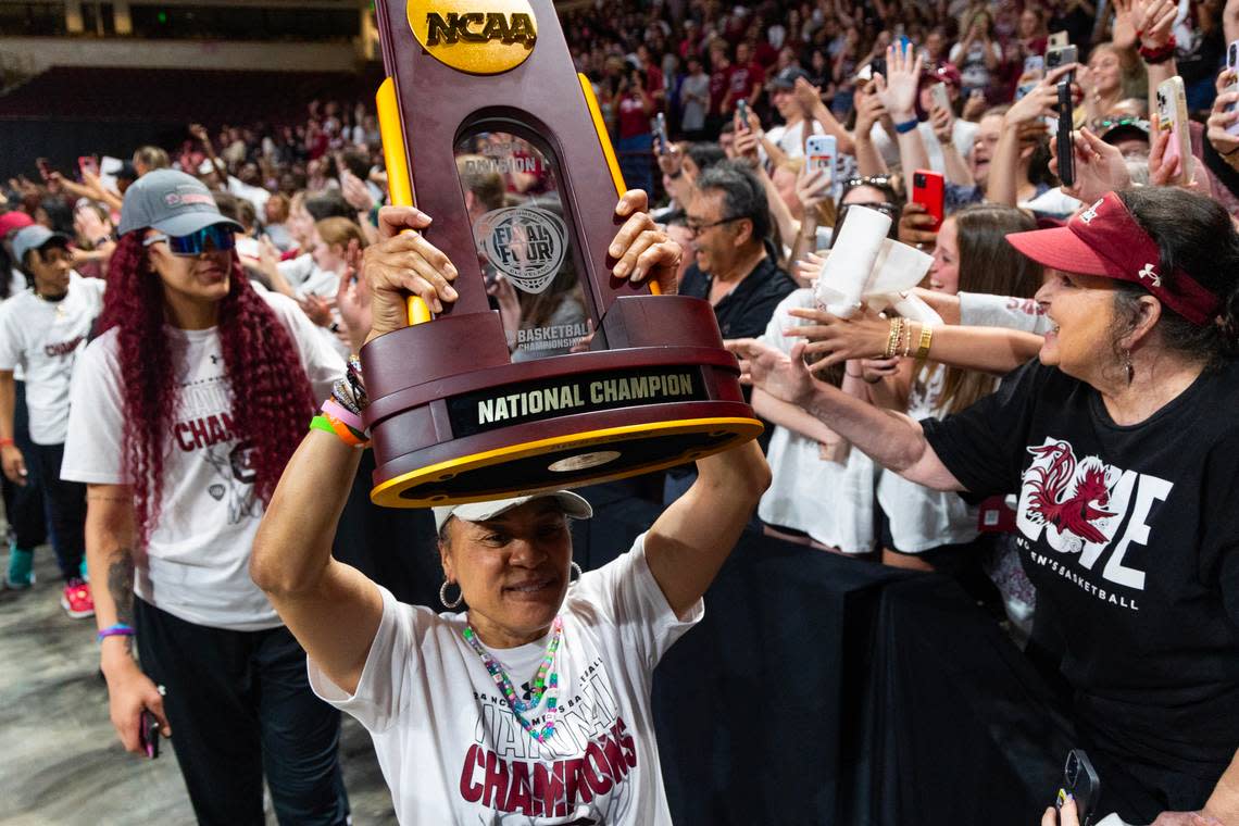 The South Carolina Gamecocks women’s basketball team head coach Dawn Staley receives a hero’s welcome at Colonial Life Arena after winning the 2024 NCAA women’s basketball championship on Monday, April 8, 2024.