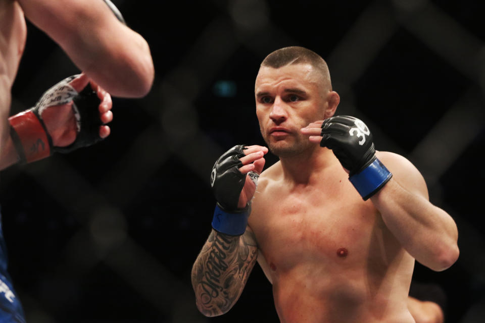 Sep 9, 2023; Sydney, NSW, AUSTRALIA; Kevin Jousset (red gloves) fights Kiefer Crosbie (blue gloves) during UFC 293 at Qudos Bank Arena. Mandatory Credit: Jasmin Frank-USA TODAY Sports