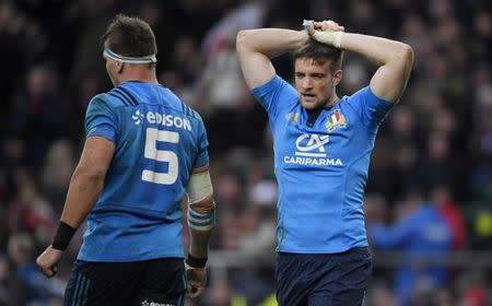 Britain Rugby Union - England v Italy - Six Nations Championship - Twickenham Stadium, London - 26/2/17 Italy's Edoardo Padovani looks dejected after England's Jack Nowell (hidden) scores their sixth try Reuters / Toby Melville Livepic