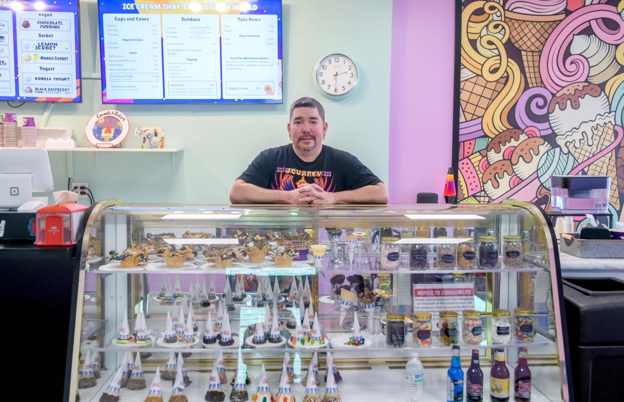 Former drywall finisher Matt Algas bought the Emack & Bolio's ice cream shop in Peoria Heights late last year. He's added homemade waffle bowls to the menu and has plans for a mobile version of the shop.