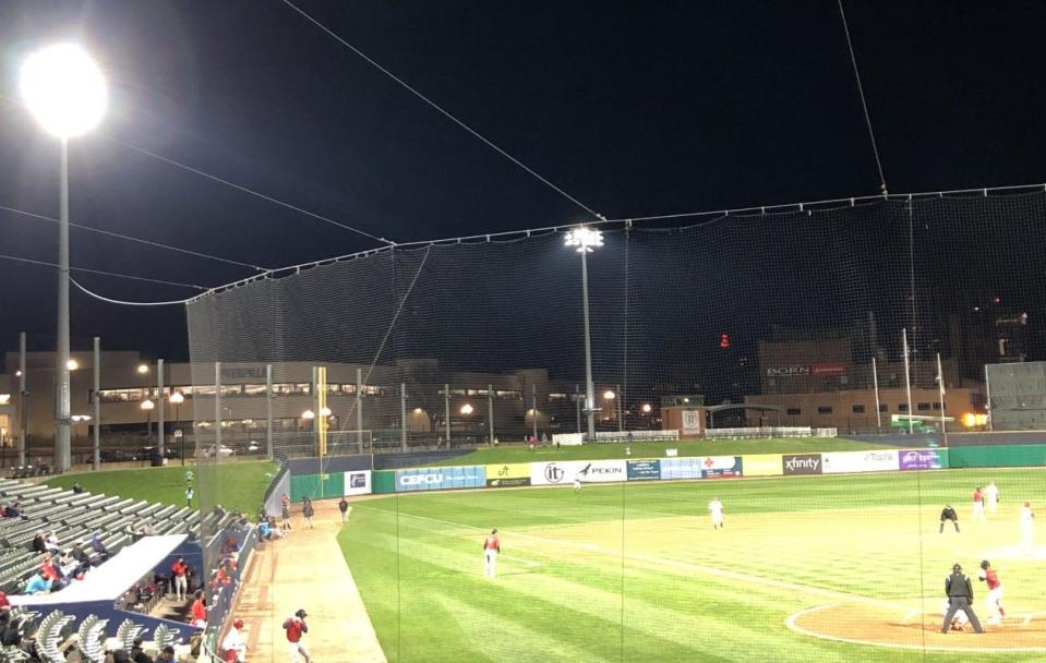 The Peoria Chiefs home, Dozer Park, was brightly illuminated under new LED lights that cut through the dark during the team's Midwest League season opener against Cedar Rapids on Thursday, April 6, 2023.