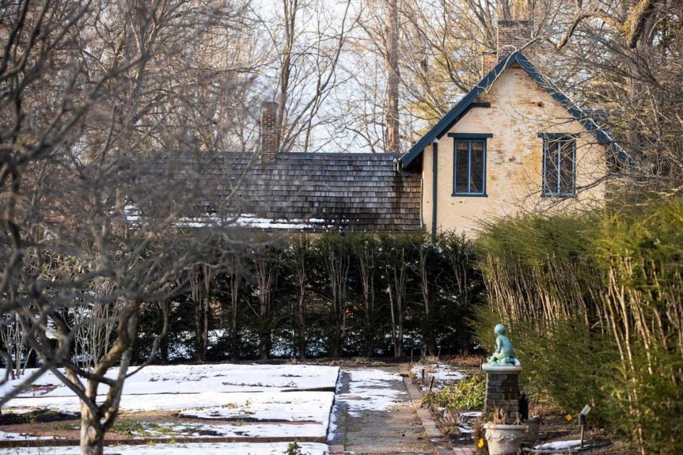 The Formal Garden, still covered in some snow, has been closed since October because of blight affecting the Boxwoodsin the garden at Ashland, the Henry Clay Estate in Lexington, Ky., Tuesday, January 18, 2022. Nearly 500 boxwoods have now been removed.