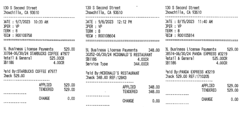 Receipts of chains’ payments for business licenses in Chowchilla show Starbucks and Panda Express paid $529, while McDonald’s paid $348. Josue Díaz, son of the owners of Plátano, Pupusas Y Cafecito, obtained this information through public records requests after his parents were met with the city’s $100 per day of operation fee for food trucks.