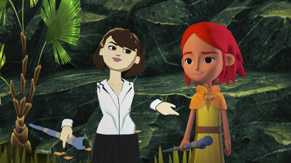 This image released by Baobab Studios shows an avatar representing actress Daisy Ridley, left, with her character, Magda, at the virtual reality premiere of her short film "Baba Yaga." It’s being called the first ever VR movie premiere. And consumers can experience the premiere space and the film now through Oculus Quest. (Baobab Studios via AP)