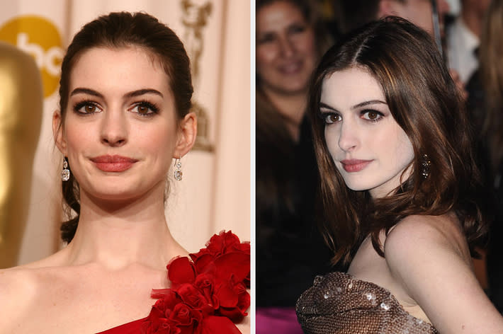 Split image of Anne Hathaway with elegant updo, wearing a red ruffled dress in one and a shimmering gown in another