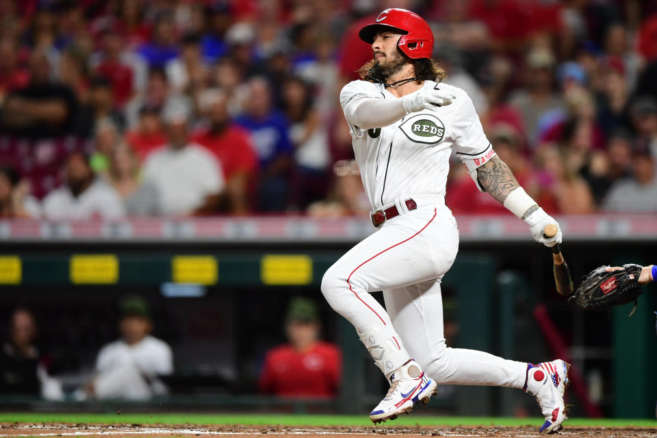 CINCINNATI, OH - SEPTEMBER 17: Jonathan India #6 of the Cincinnati Reds bats during the game between the Los Angeles Dodgers and the Cincinnati Reds at Great American Ball Park on Friday, September 17, 2021 in Cincinnati, Ohio. (Photo by Emilee Chinn/MLB Photos via Getty Images)