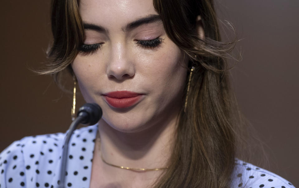 United States Olympic gymnast McKayla Maroney testifies during a Senate Judiciary hearing about the Inspector General's report on the FBI's handling of the Larry Nassar investigation on Capitol Hill, Wednesday, Sept. 15, 2021, in Washington. Nassar was charged in 2016 with federal child pornography offenses and sexual abuse charges in Michigan. He is now serving decades in prison after hundreds of girls and women said he sexually abused them under the guise of medical treatment when he worked for Michigan State and Indiana-based USA Gymnastics, which trains Olympians. (Saul Loeb/Pool via AP)