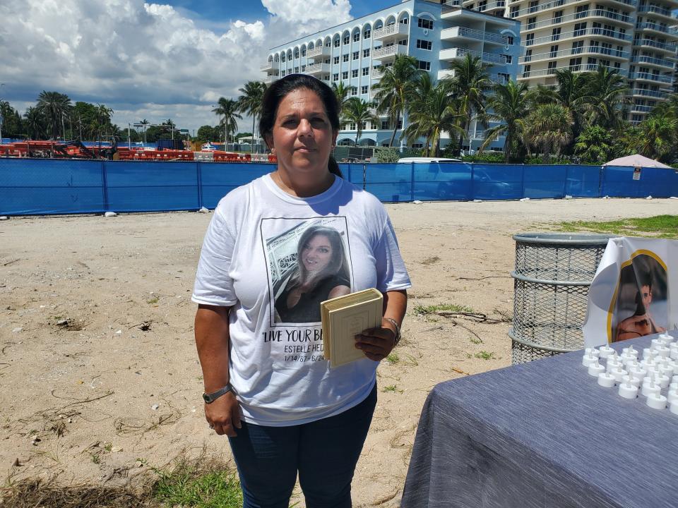Rabbi Lisa Shrem, who lost her best friend, Estelle Hedaya, in the Surfside collapse, speaks at a press conference in favor of a monument to be built on the site where Champlain Towers South once stood. Sept. 23, 2021.