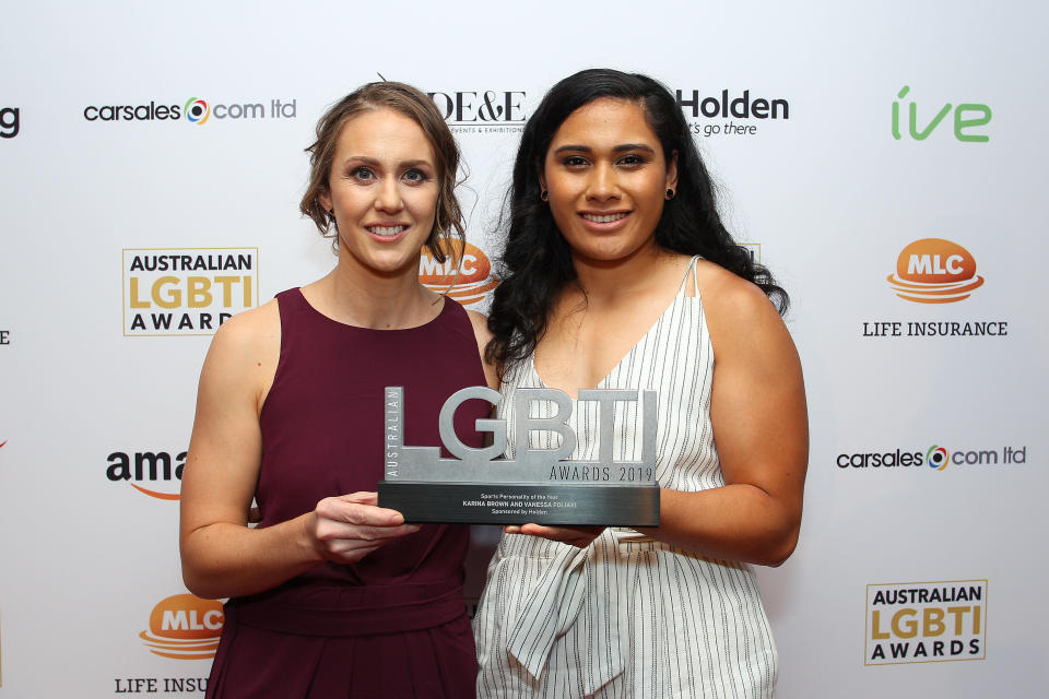 Karina Brown and Vanessa Foliaki, pictured here at the 2019 Australian LGBTI Awards.