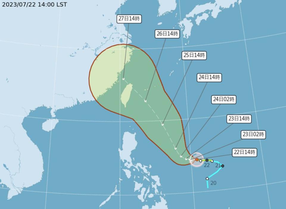 颱風杜蘇芮路徑潛勢預報。（圖取自中央氣象局網站）