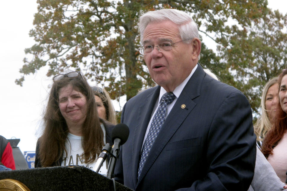 FILE - Sen. Robert Menendez, D-N.J., speaks at a press conference in Toms River, N.J. on Oct. 28, 2019. New Jersey first lady Tammy Murphy has suspended her senate campaign to replace Menendez as he faces federal corruption charges. Murphy announced her decision in a video posted to her social media on Sunday, March 24, 2024. Her decision to drop out likely clears the way for Rep. Andy Kim, D-N.J., in the Democratic primary on June 4. (AP Photo/Wayne Parry, File)