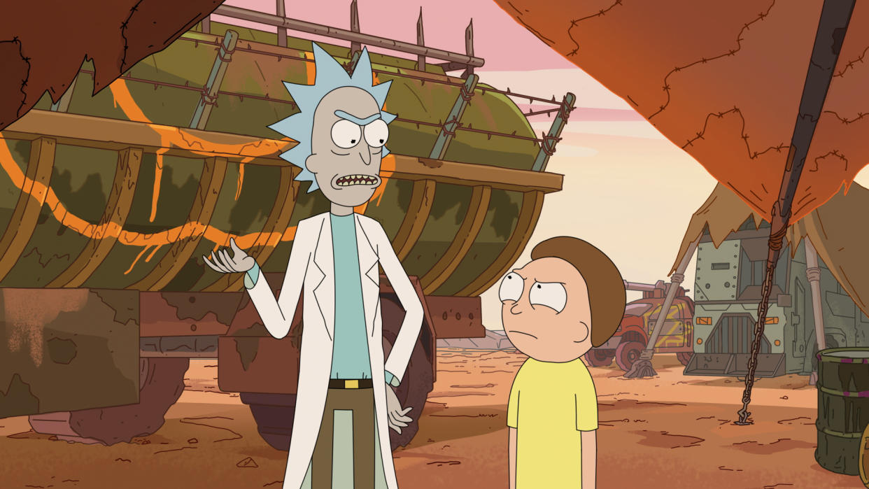 "Rock and Morty" characters Rick Sanchez and Morty Smith, who are both voiced by <span class="caas-xray-inline-tooltip"><span class="caas-xray-inline caas-xray-entity caas-xray-pill rapid-nonanchor-lt" data-entity-id="Justin_Roiland" data-ylk="cid:Justin_Roiland;pos:1;elmt:wiki;sec:pill-inline-entity;elm:pill-inline-text;itc:1;cat:Actor;" tabindex="0" aria-haspopup="dialog"><a href="https://search.yahoo.com/search?p=Justin%20Roiland" data-i13n="cid:Justin_Roiland;pos:1;elmt:wiki;sec:pill-inline-entity;elm:pill-inline-text;itc:1;cat:Actor;" tabindex="-1" data-ylk="slk:Justin Roiland;cid:Justin_Roiland;pos:1;elmt:wiki;sec:pill-inline-entity;elm:pill-inline-text;itc:1;cat:Actor;" class="link ">Justin Roiland</a></span></span>, pictured in the third season of the show. (Photo: Adult Swim/Courtesy: Everett Collection)