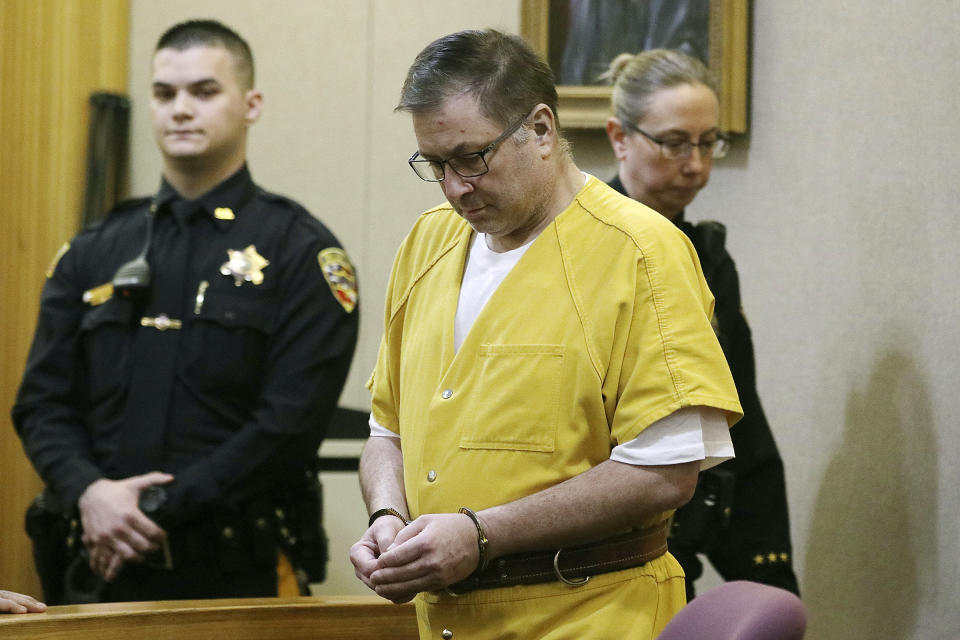 Paul Caneiro appears for his arraignment in the murders of his brother and his brother's family, before Judge Joseph W. Oxley at the Monmouth County Courthouse in Freehold, N.J., Monday, March 18, 2019. The New Jersey businessman pleaded not guilty to felony murder and other charges. (Tanya Breen/NJ Advance Media via AP, Pool)