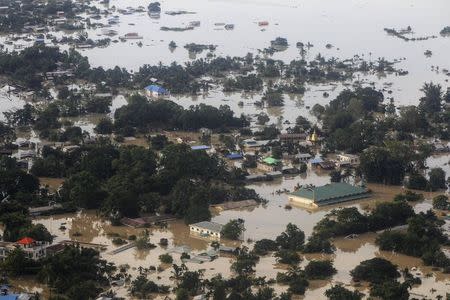 An aerial view of a flooded village in Kalay township at Sagaing division, August 2, 2015. REUTERS/Soe Zeya Tun