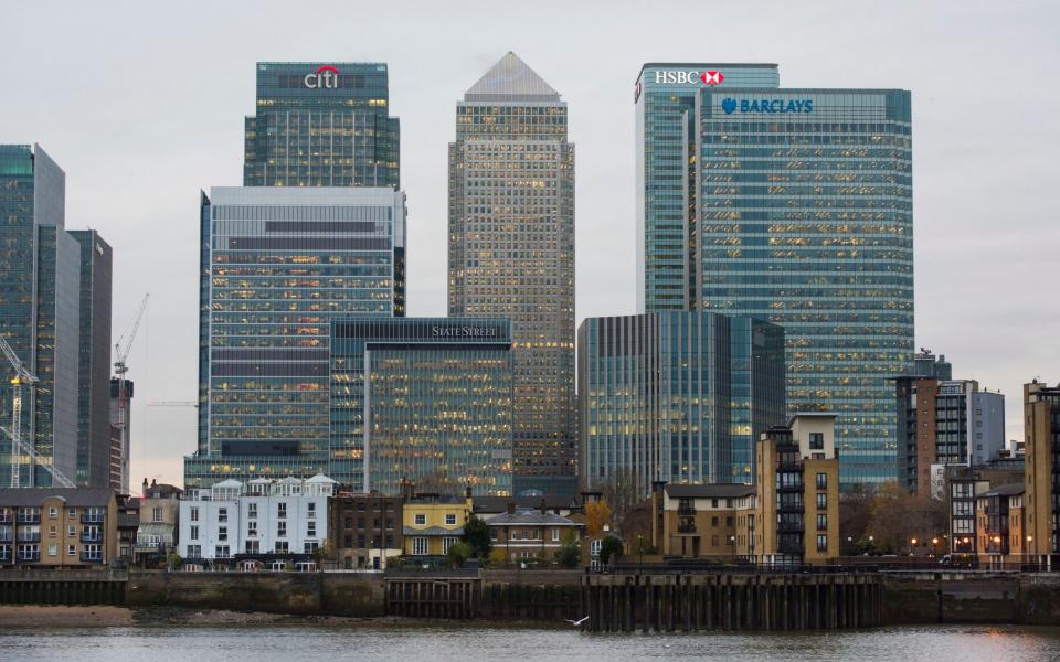 Canary Wharf in London, showing the headquarters of HSBC and Barclays Bank