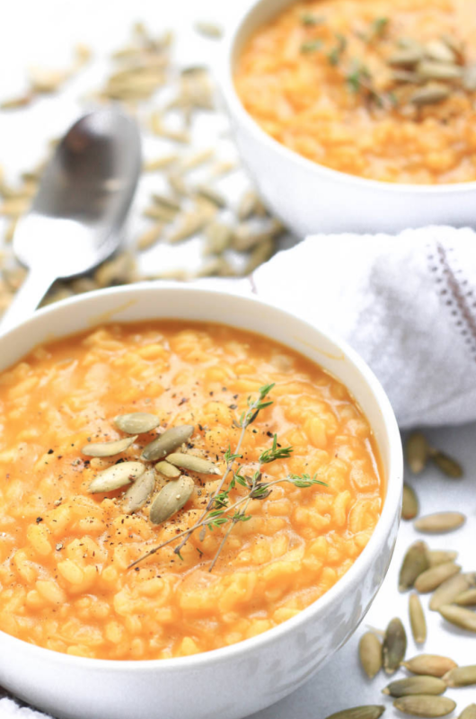 <p>Dish by Dish</p><p>Warm and comforting, this creamy pumpkin risotto is the perfect recipe to cozy up to during fall. Gluten-free, dairy-free and vegan. </p><p><strong>Get the recipe: <em><a href="https://www.dishbydish.net/pumpkin-thyme-risotto/" rel="nofollow noopener" target="_blank" data-ylk="slk:Creamy Pumpkin Risotto (Gluten-Free, Vegan);elm:context_link;itc:0;sec:content-canvas" class="link rapid-noclick-resp">Creamy Pumpkin Risotto (Gluten-Free, Vegan)</a></em></strong></p>