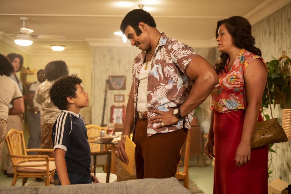 Adrian Groulx as young Dwayne Johnson, Joseph Lee Anderson as his father, Rocky Johnson, and Stacey Leilua as his mother Ata Johnson in 'Young rock' (Photo by: Mark Taylor/NBC)