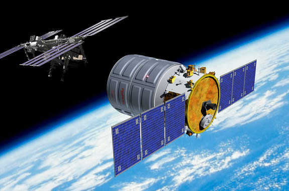 Artist's rendition of Orbital Sciences' Cygnus cargo spacecraft in orbit, on its way to the International Space Station (ISS).