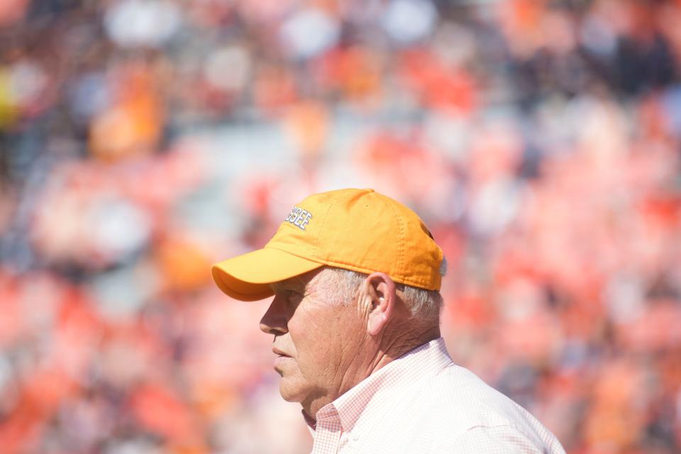 Tennessee Athletic Director Phillip Fulmer watches during a game between Tennessee and Auburn at Jordan-Hare Stadium in Auburn, Ala. Saturday, Oct. 13, 2018. Tennessee defeated Auburn 30-24.