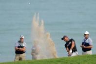 Aug 16, 2015; Sheboygan, WI, USA; Jason Day plays from a bunker 8th hole during the final round of the 2015 PGA Championship golf tournament at Whistling Straits. Mandatory Credit: Thomas J. Russo-USA TODAY Sports