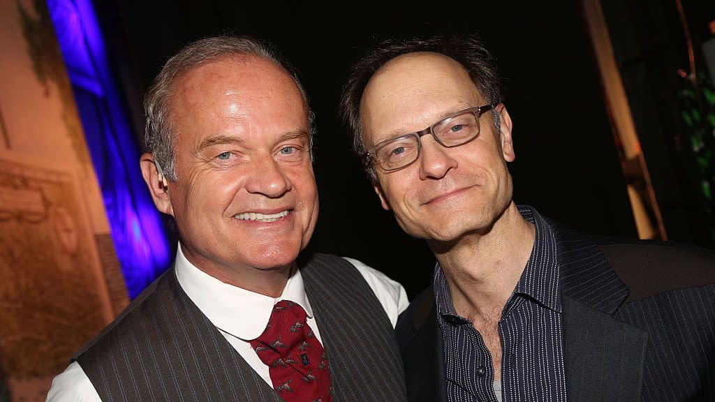 new york, ny june 28 kelsey grammer and david hyde pierce they co starred on tv in cheers and frasier pose backstage at the hit musical finding neverland on broadway at the lunt fontanne theater on june 28, 2015 in new york city photo by bruce glikasfilmmagic