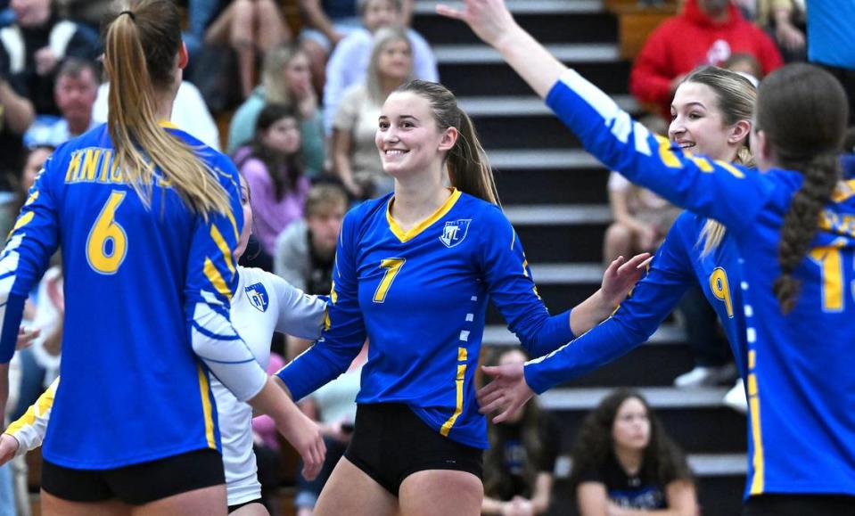 Ripon Christian’s Jordan Vander Veen (7) celebrates a point with teammates during the Sac-Joaquin Section Division IV championship match with Ripon at Modesto Junior College in Modesto, Calif., Saturday, Nov. 4, 2023.