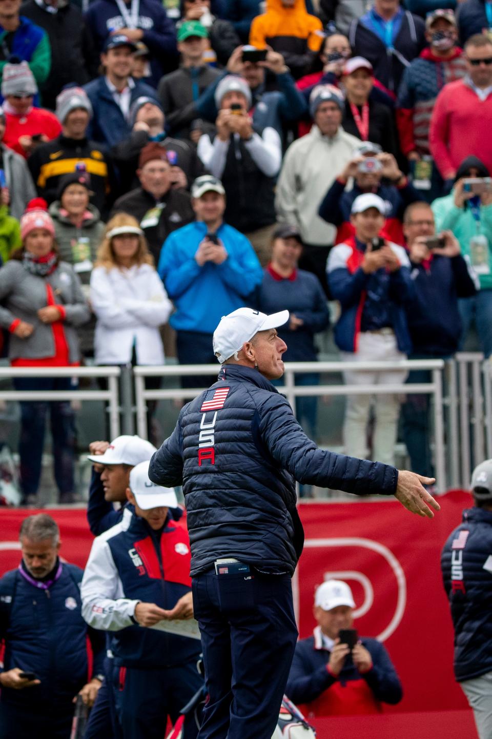 Jim Furyk leads the crowd at Whistling Straits in a "USA" cheer during the 2021 Ryder Cup.