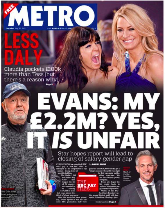 Metro leads on Chris Evans admitting that his salary isn't fair