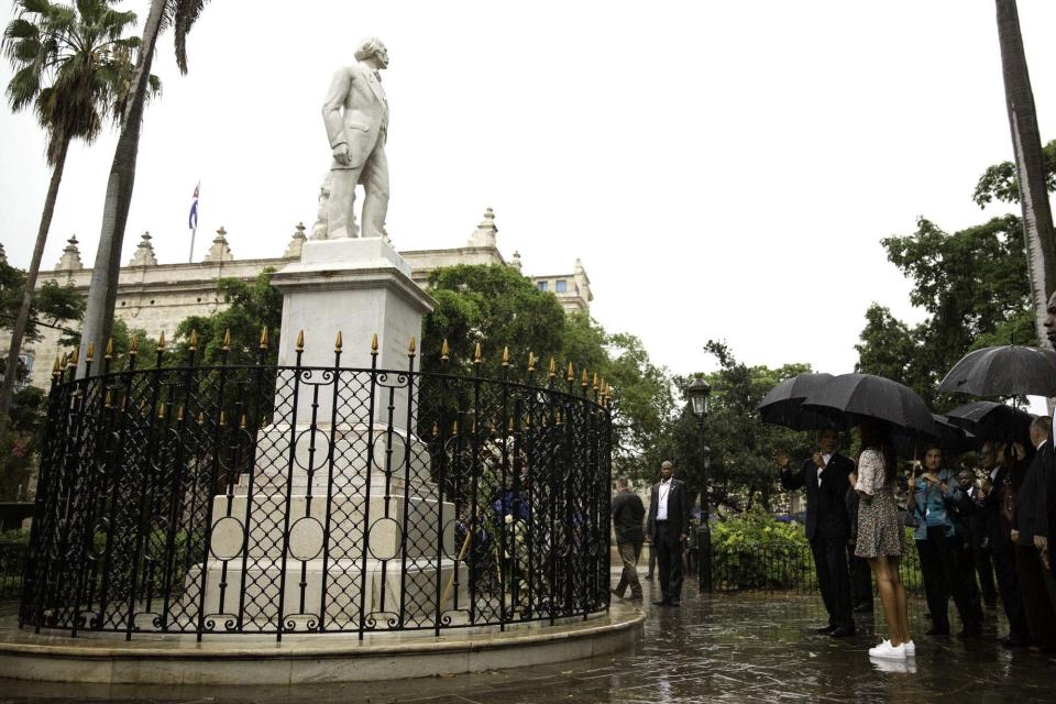 The Obama family&nbsp;and Marian Robinson take a walking tour of Old Havana.&nbsp;Eusebio Leal Spengler, Historian of Havana, leads the tour of the Carlos Manuel de C&eacute;spedes del Castillo Monument. The statue honors the Cuban planter, also known as Padre de la Patria (father of the country), who freed his slaves and made the declaration of Cuban independence.The statue honors the Cuban planter, also known as Padre de la Patria (father of the country), who freed his slaves and made the declaration of Cuban independence.