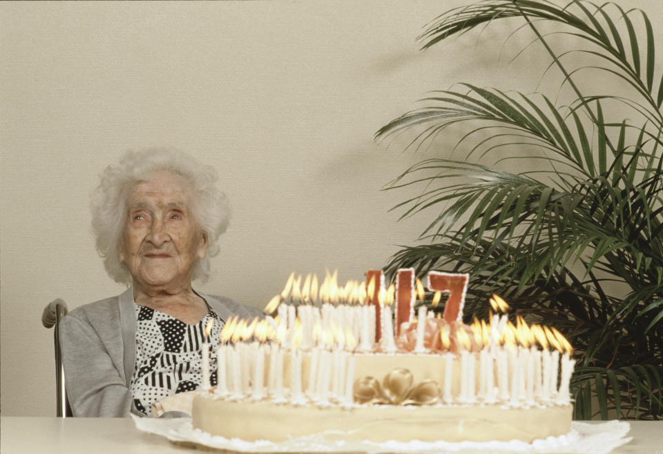 World's oldest person Jeanne Calment celebrates her 117th birthday. (Photo by Jean-Pierre Fizet/Sygma/Sygma via Getty Images)