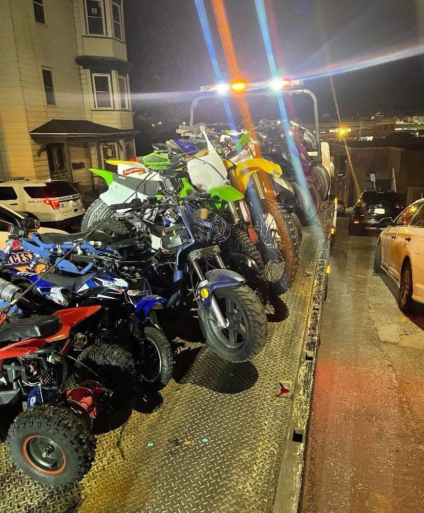 The stolen motorcycles, recovered by police this week, were loaded onto a flatbed truck.