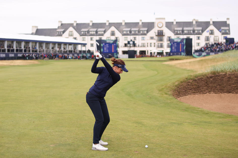 Georgia Hall of England plays her second shot on the 18th hole during the first round of the AIG Women's Open at Carnoustie