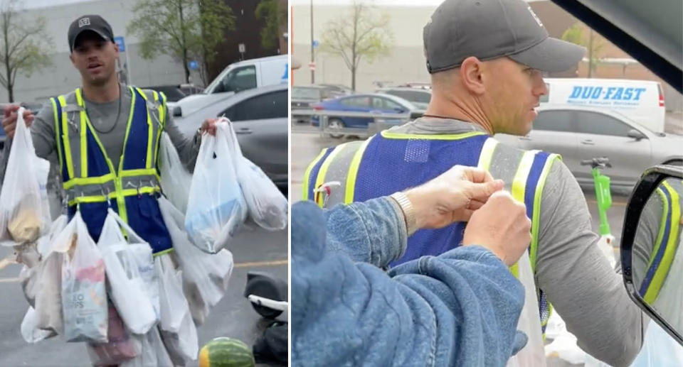 After noticing that he was being filmed, the man asked for help to get his bags on his back. Source: Twitter