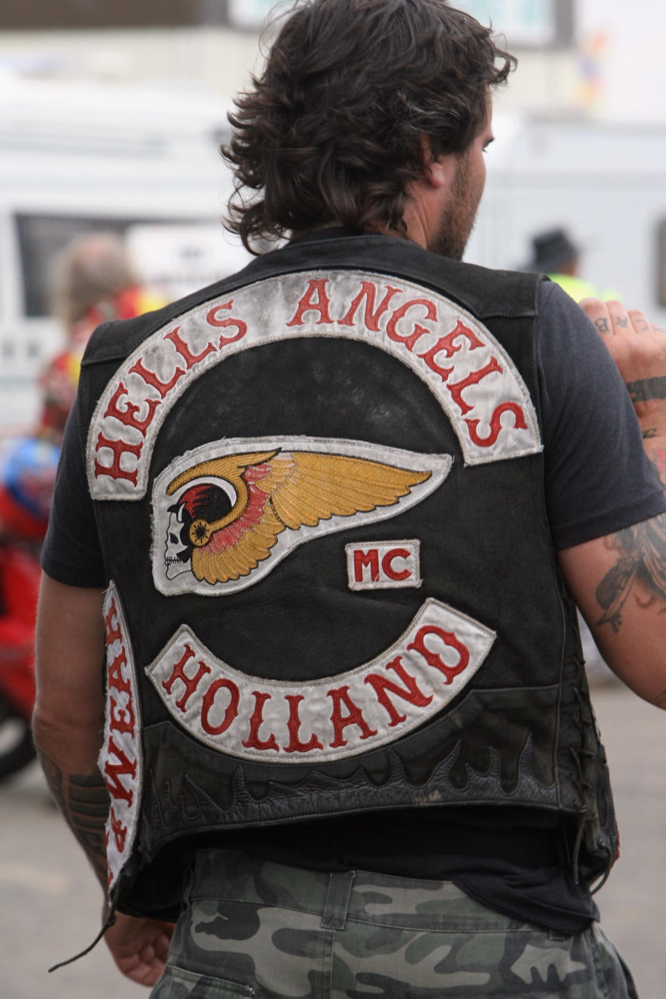 A Hell's Angel stewards the drag strip at the Bulldog Bash on August 9 2008 in Stratford-on-Avon, Warwickshire, England. (Photo by Matt Cardy/Getty Images)