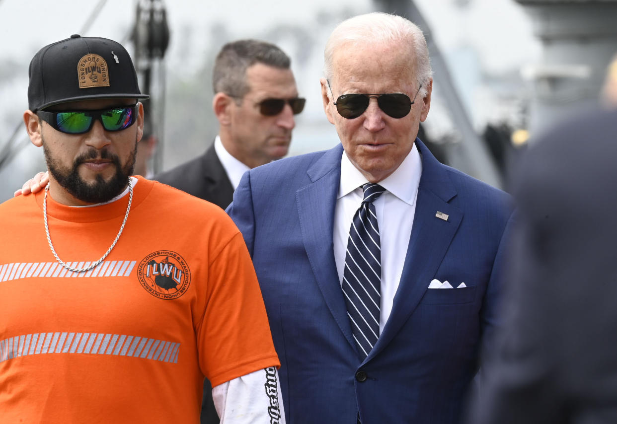 President Biden alongside members of the ILWU aboard the USS Iowa in the Port of Los Angeles where he spoke of inflation and the supply chain on June 10, 2022. (Photo by Brittany Murray/MediaNews Group/Long Beach Press-Telegram via Getty Images)