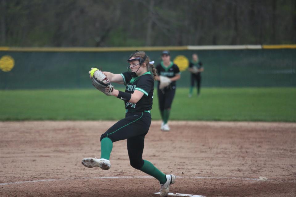 Yorktown sophomore Caitlin LaFerney led her team to a 12-0 win over Delta in the first round of the 2022 Delaware County softball tournament at Wes-Del High School on Wednesday, May 4, 2022.