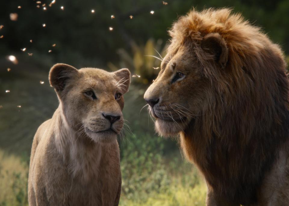 Sparks fly when Nala (voiced by Beyoncé, left)  reunites with childhood bestie Simba (Donald Glover) in 