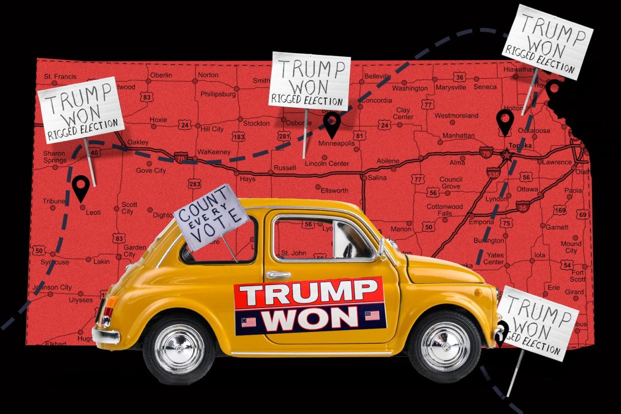 An illustration of a car, with a "Trump Won" sign, on a map dotted with "Trump Won" flags.